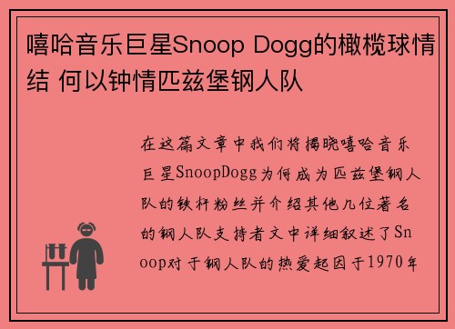 嘻哈音乐巨星Snoop Dogg的橄榄球情结 何以钟情匹兹堡钢人队